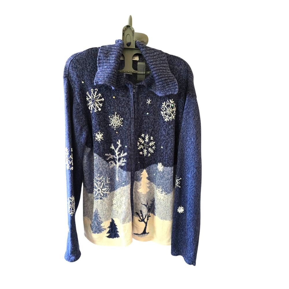 Vintage Tiara Intl Christmas Sweater Beaded Sequined Size L Full zip